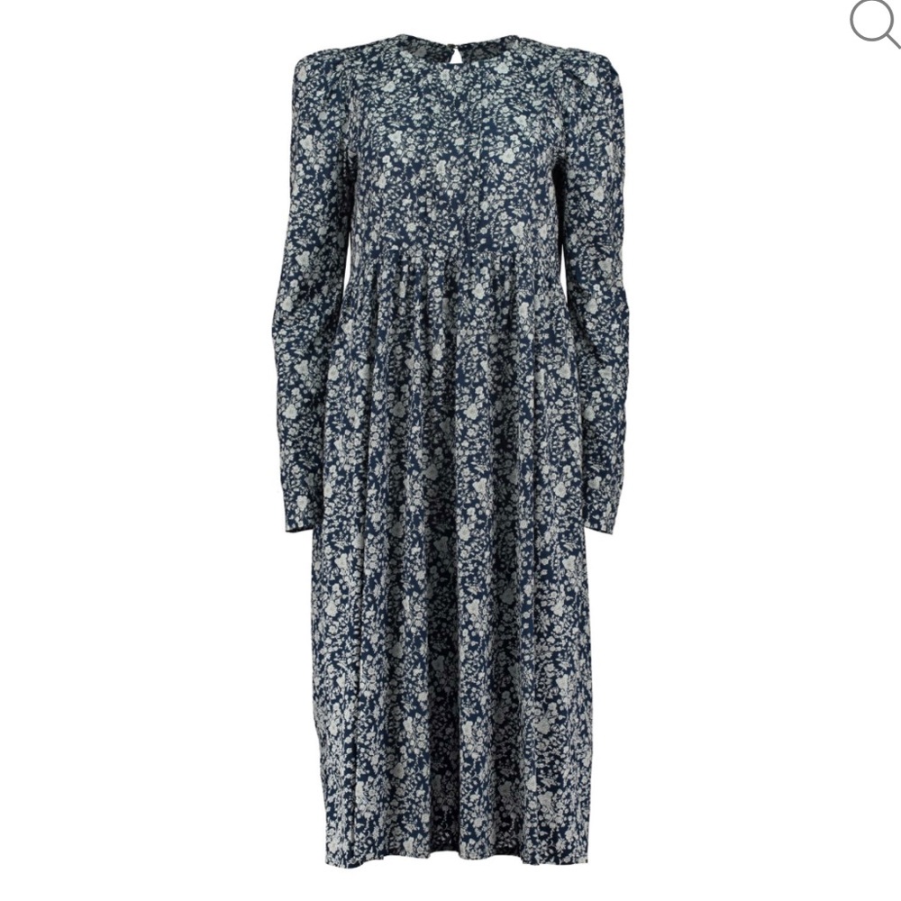 Floral Long-Sleeve Midi Dress in Navy